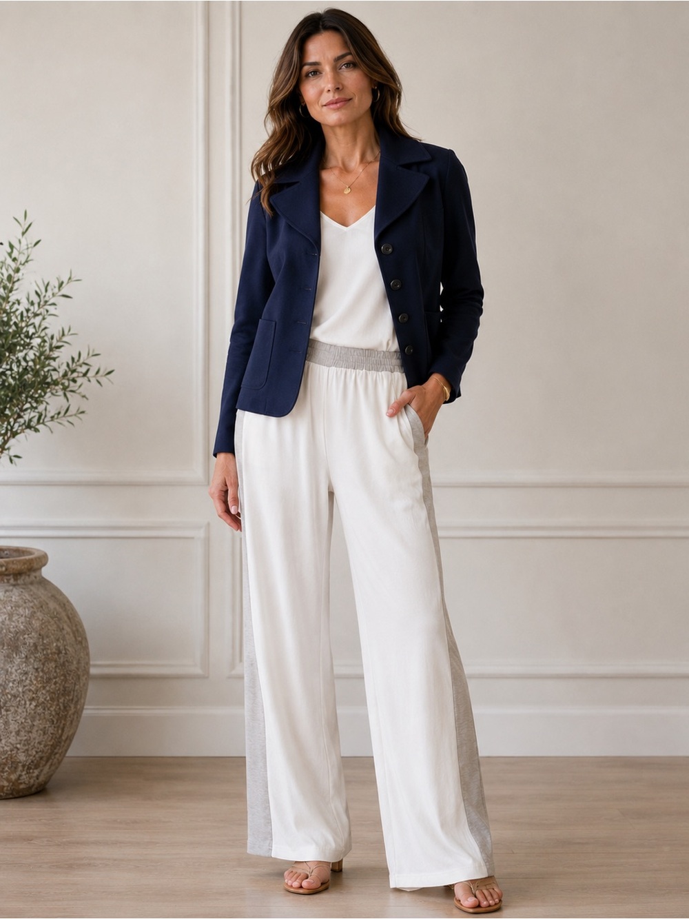 Le Lis Cream Beige Color block Wide Leg Flowy Pants Womens Sz M
